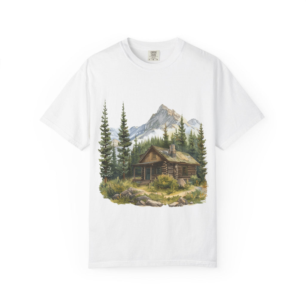 Mountain Log Cabin Illustration T-Shirt | Rustic Nature Scene - Etna Gift