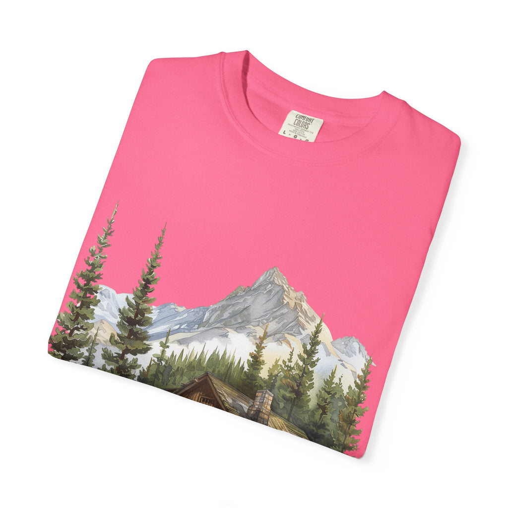 Mountain Log Cabin Illustration T-Shirt | Rustic Nature Scene - Etna Gift