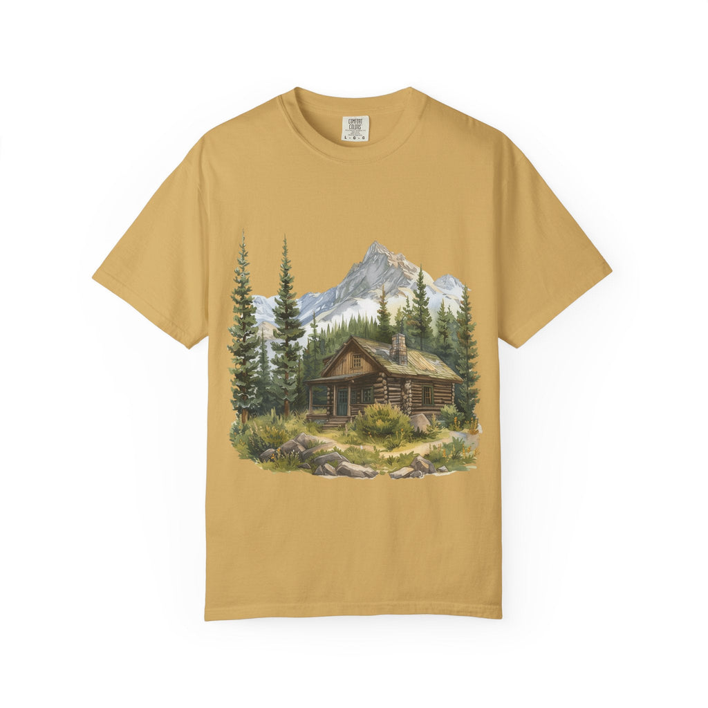 Mountain Log Cabin Illustration T-Shirt | Rustic Nature Scene - Etna Gift