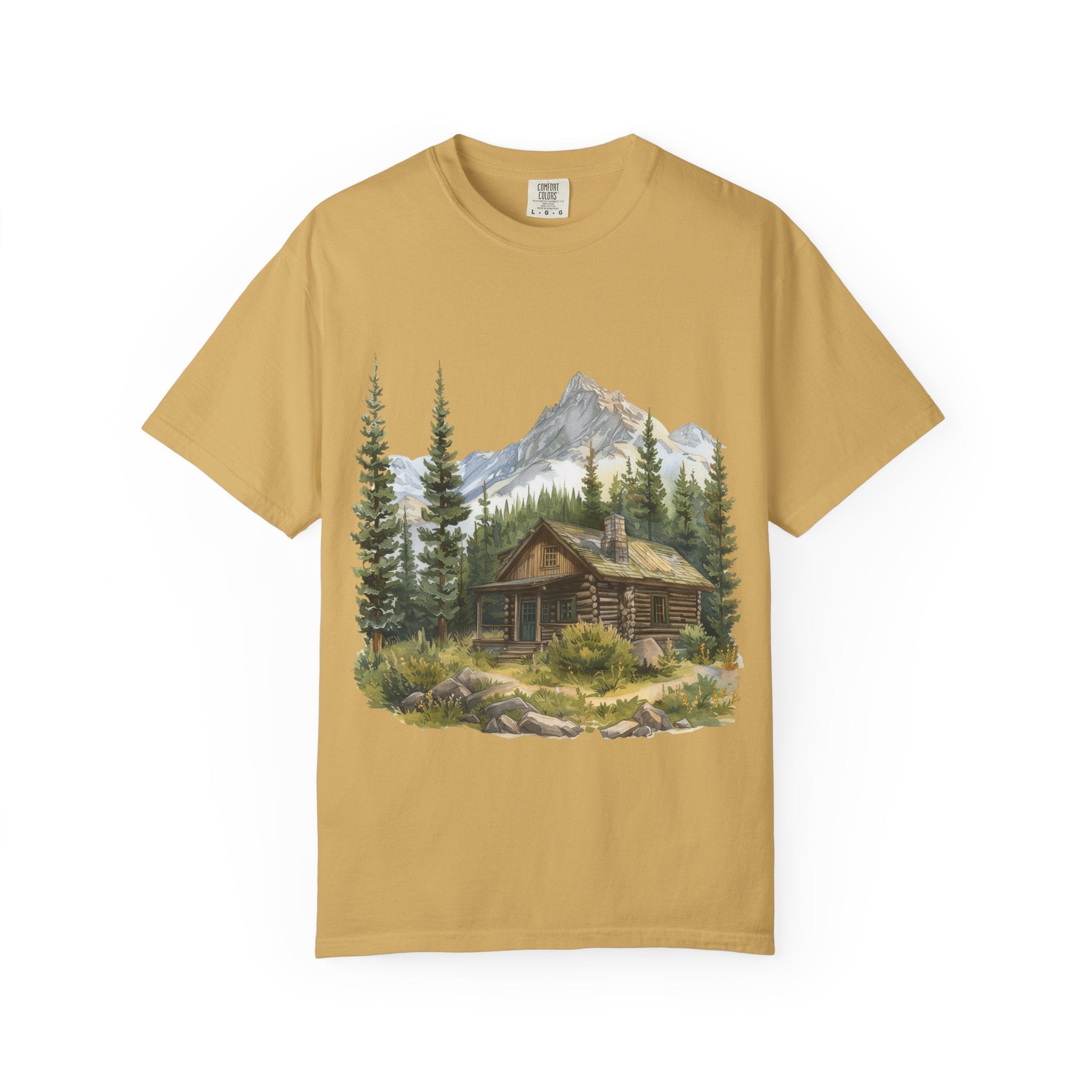 Mountain Log Cabin Illustration T-Shirt | Rustic Nature Scene - Etna Gift