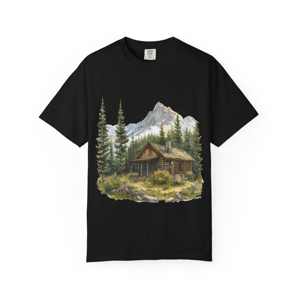 Mountain Log Cabin Illustration T-Shirt | Rustic Nature Scene - Etna Gift