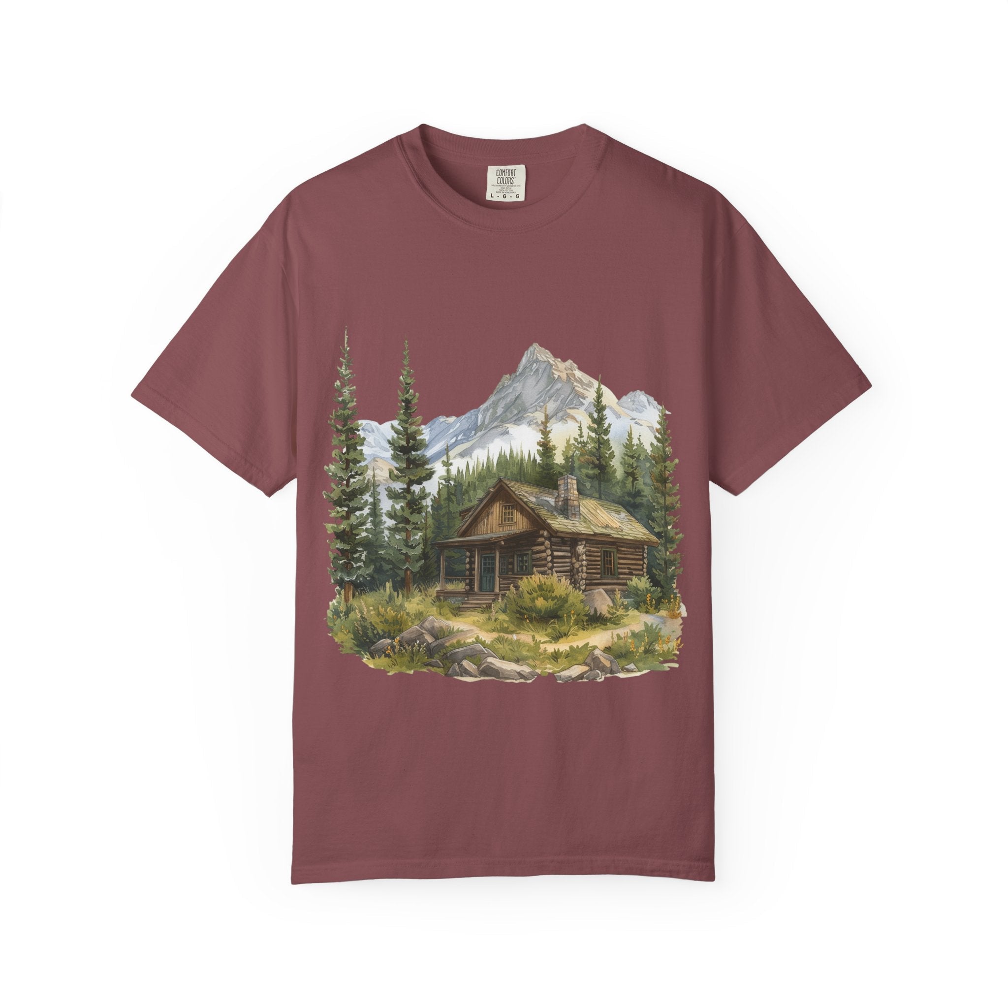 Mountain Log Cabin Illustration T-Shirt | Rustic Nature Scene - Etna Gift