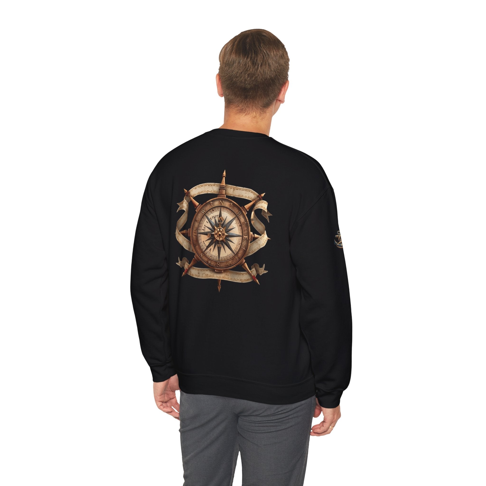 Nautical Compass Crewneck Sweatshirt Vintage Anchor & Compass Back Graphic - Etna Gift