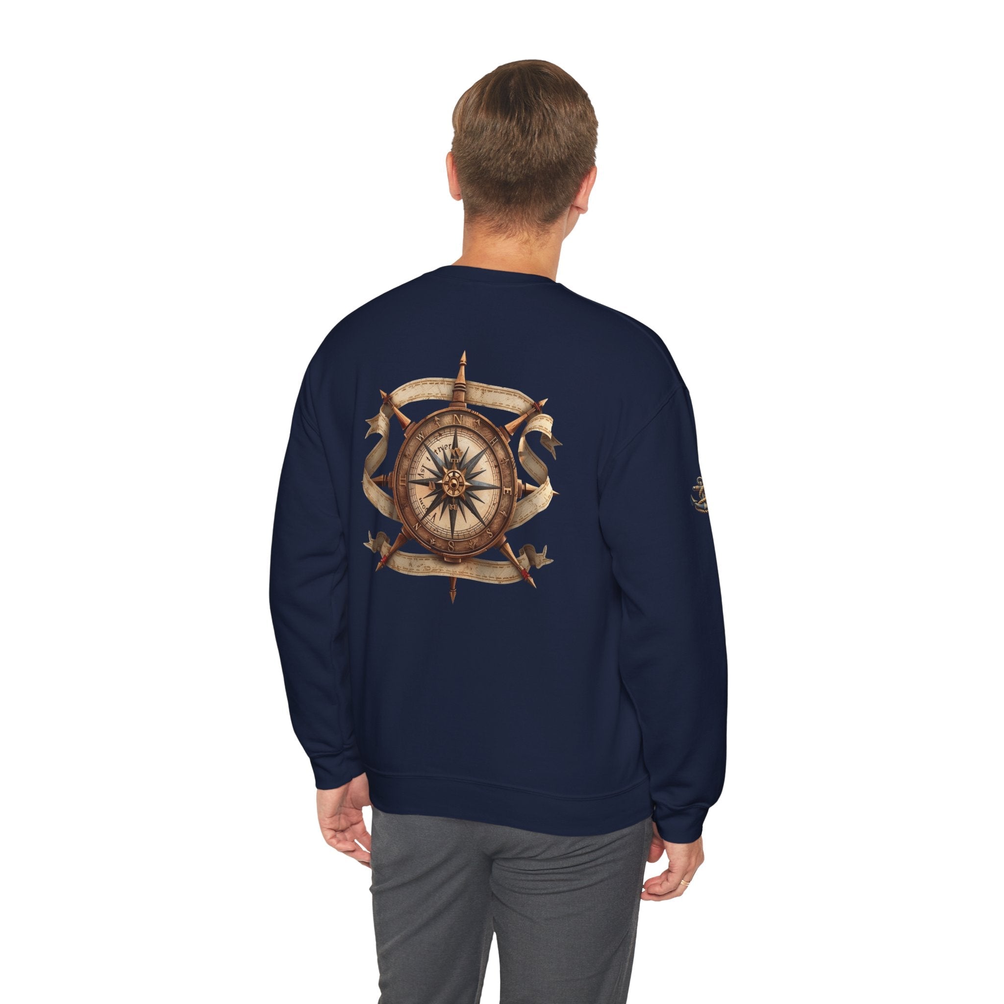 Nautical Compass Crewneck Sweatshirt Vintage Anchor & Compass Back Graphic - Etna Gift