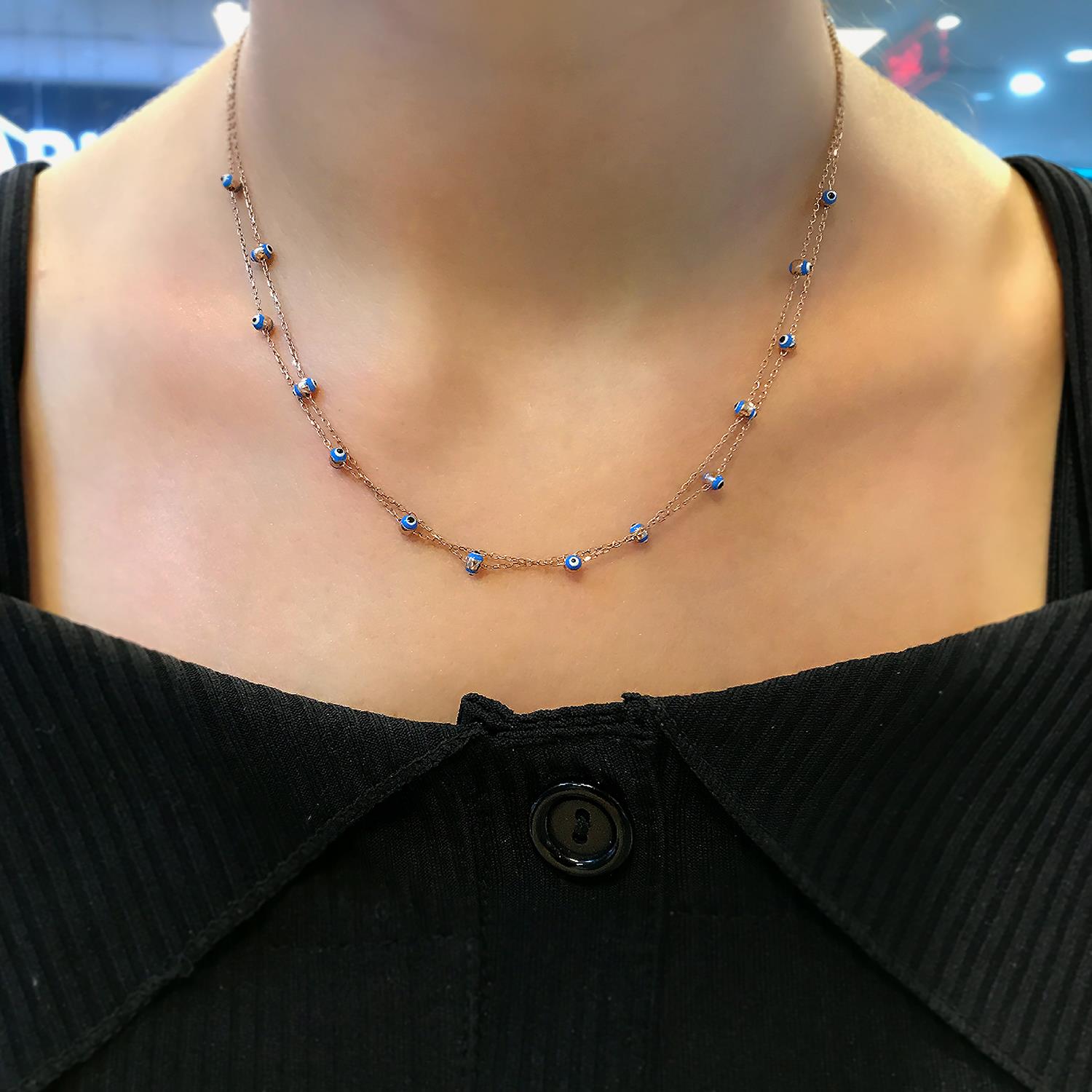 Sterling silver 925 double row evil eye bead necklace - Etna Gift
