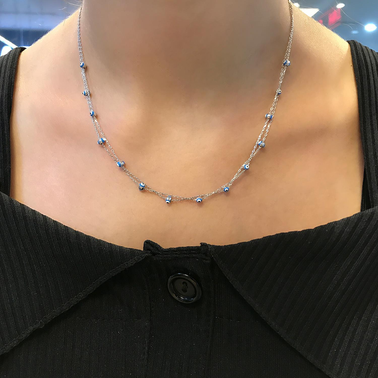 Nazar bead necklace 925 sterling silver 2 - row necklace - Etna Gift