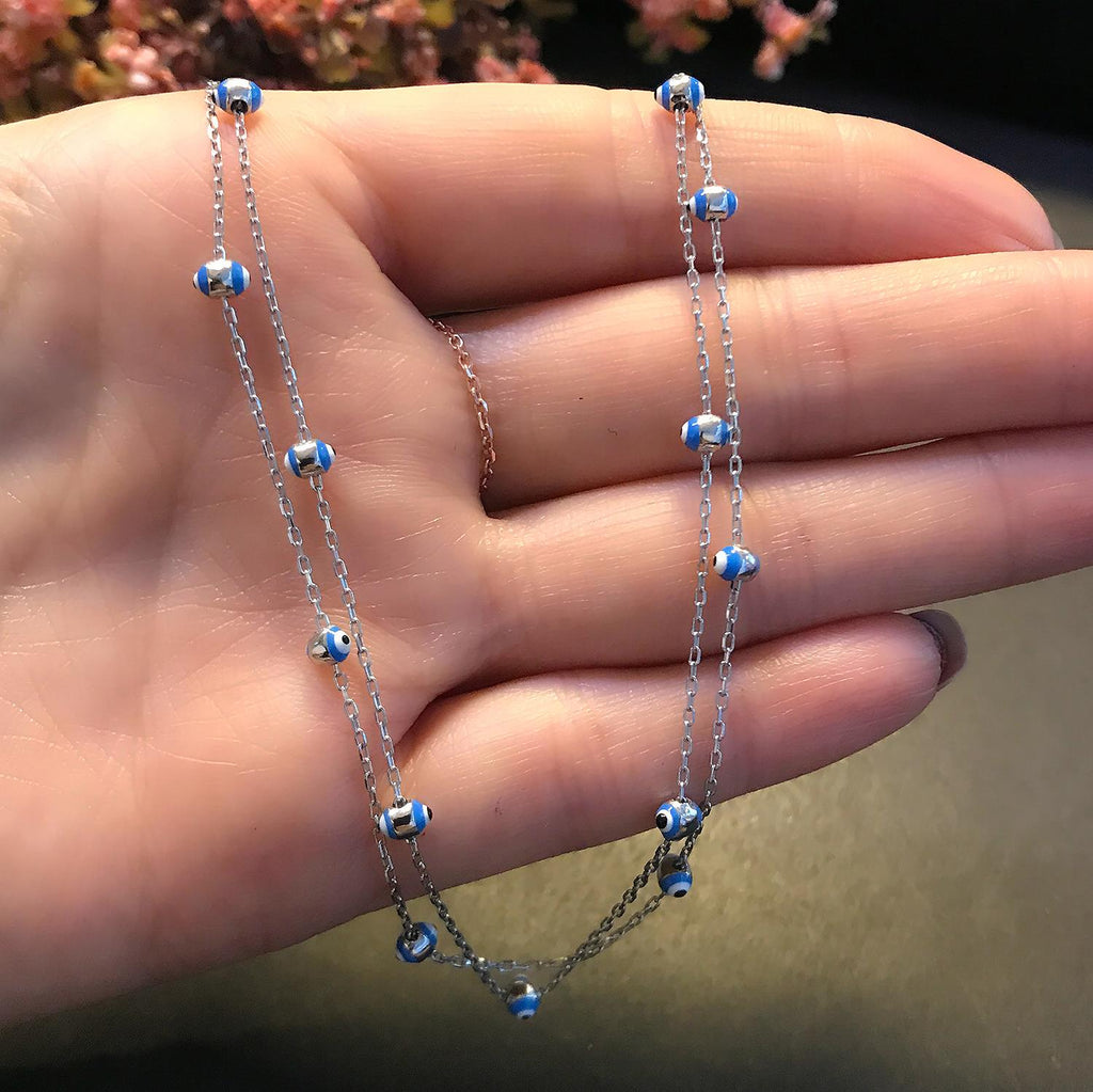 Nazar bead necklace 925 sterling silver 2 - row necklace - Etna Gift