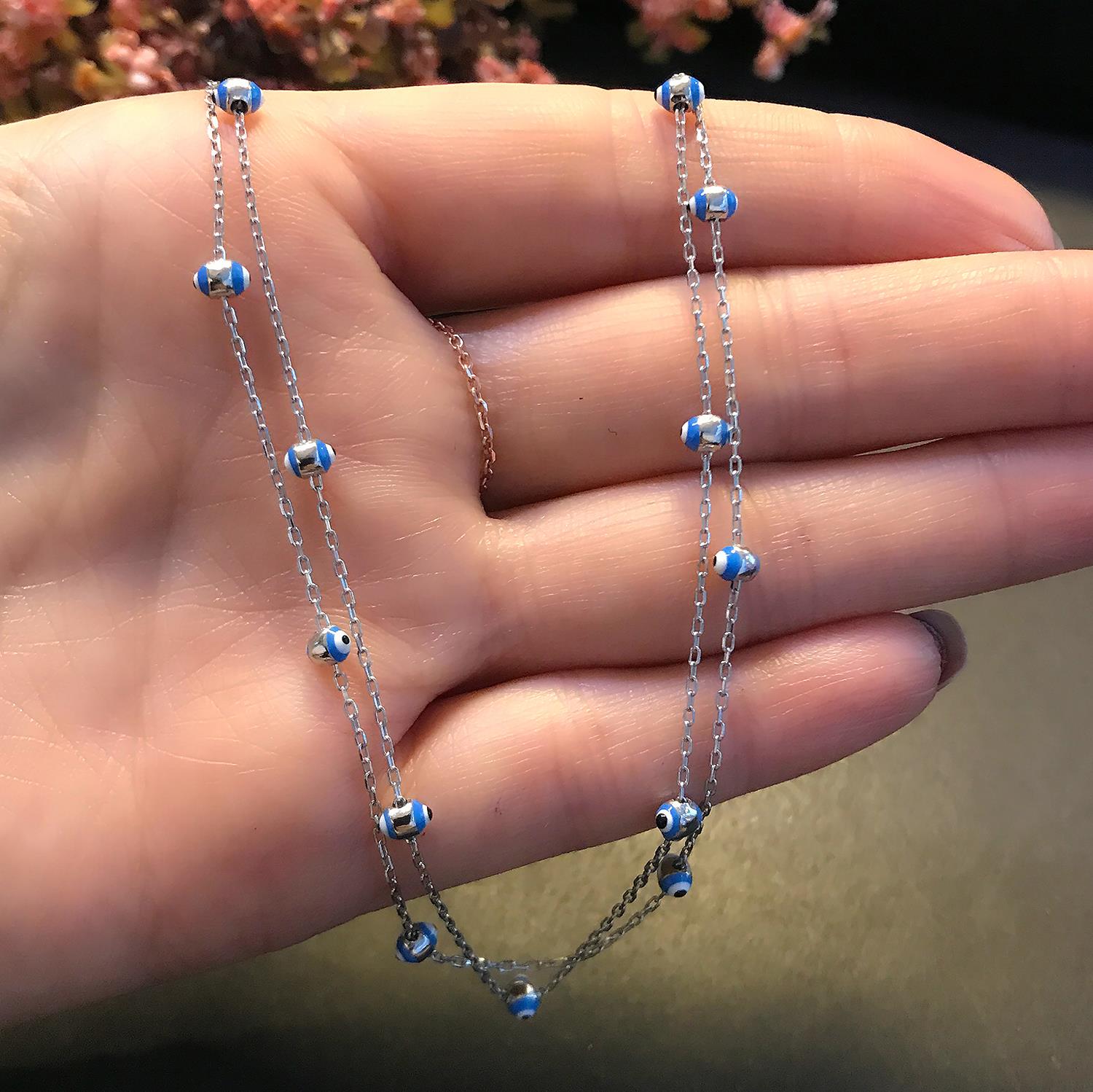 Nazar bead necklace 925 sterling silver 2 - row necklace - Etna Gift