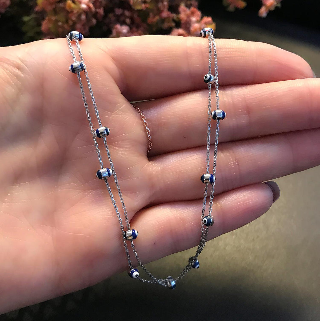 925 Sterling Silver Nazar Bead 2-Row Necklace - Etna Gift