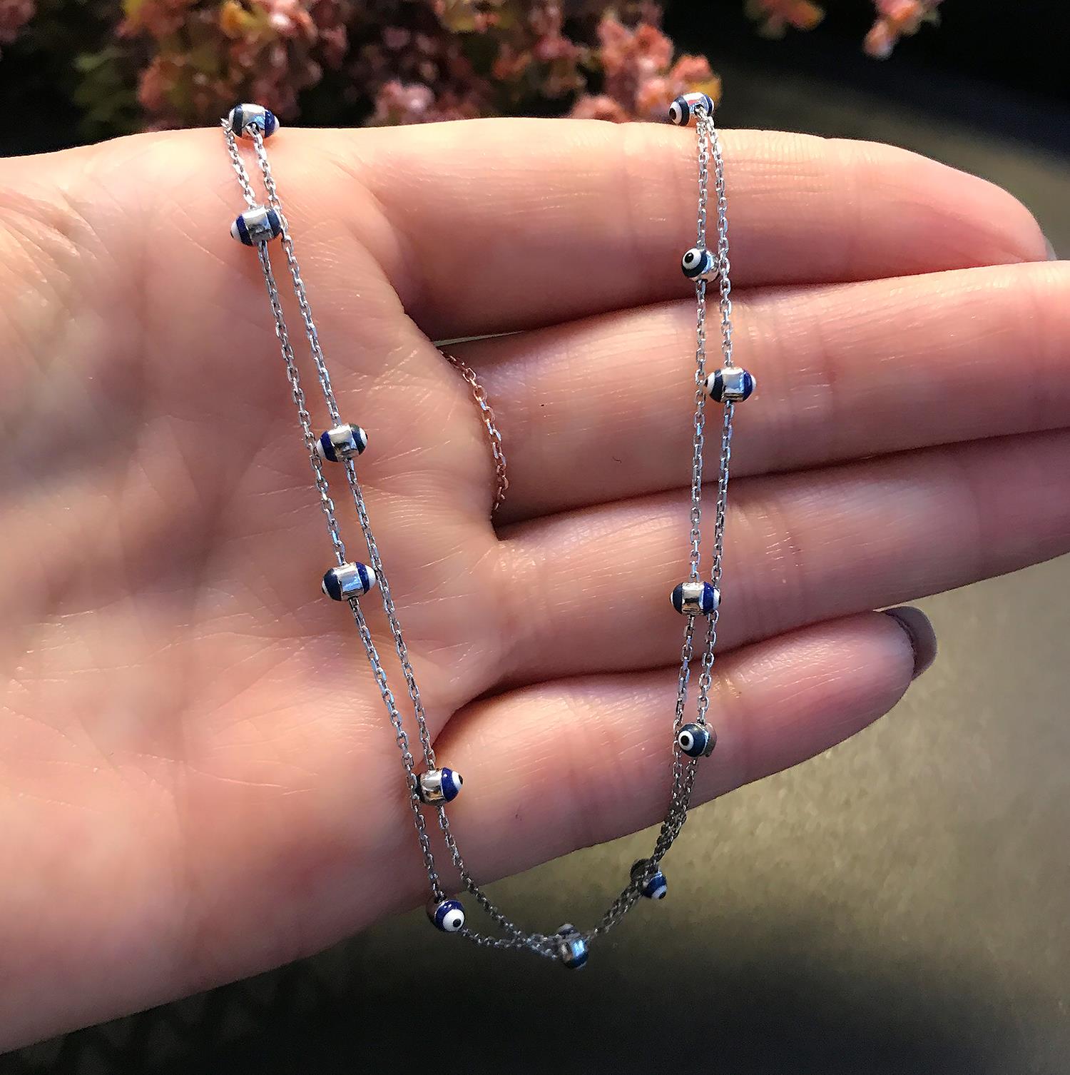925 Sterling Silver Nazar Bead 2-Row Necklace - Etna Gift