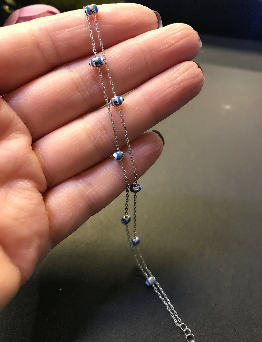 Nazar bead silver 2 row bracelet 925 sterling silver bracelet - Etna Gift
