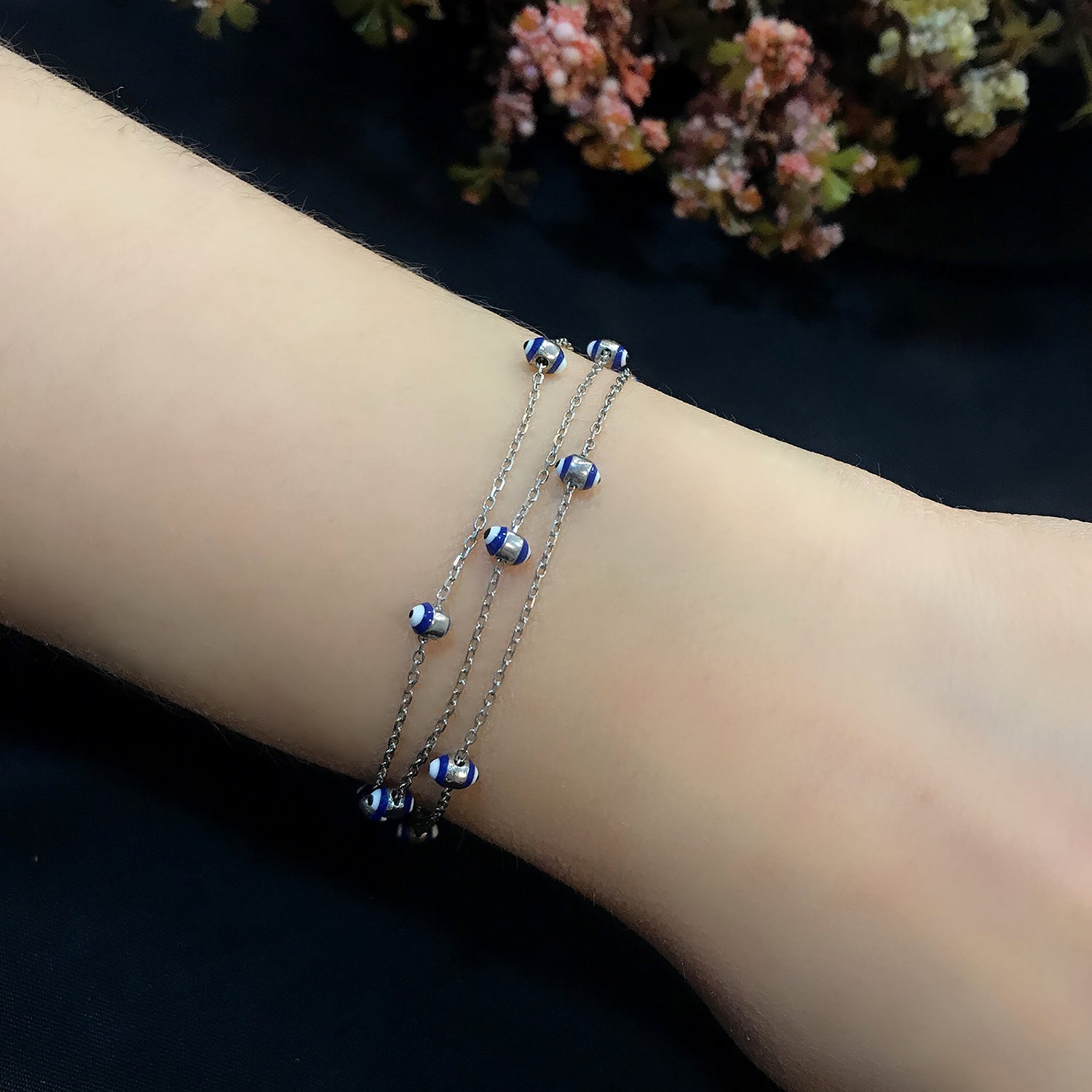 Nazar bead silver 3 row bracelet 925 sterling silver bracelet - Etna Gift
