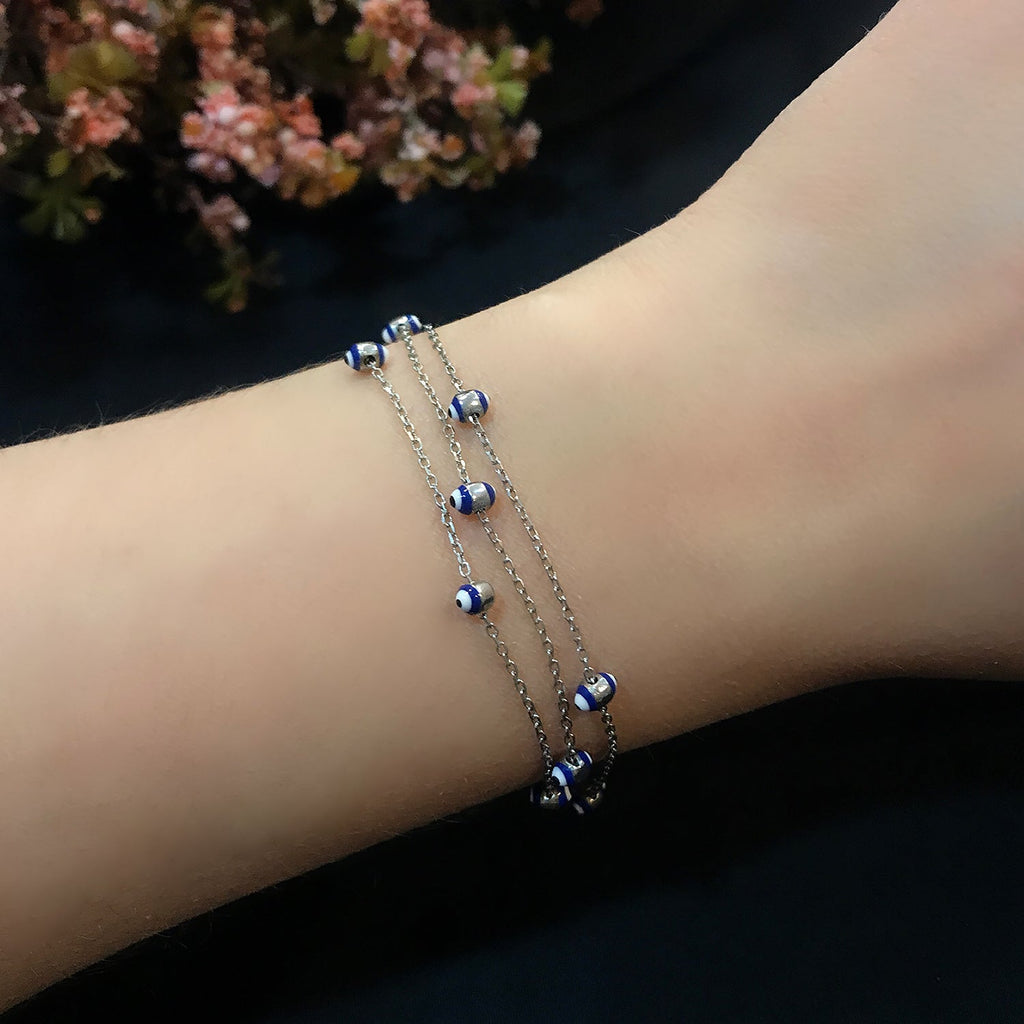 Nazar bead silver 3 row bracelet 925 sterling silver bracelet - Etna Gift