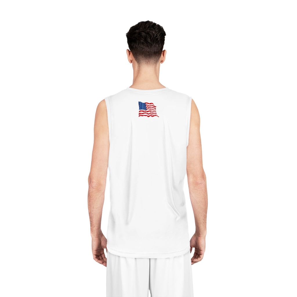 NBA Logo Basketball Jersey White Mesh Tank with American Flag Accent - Etna Gift