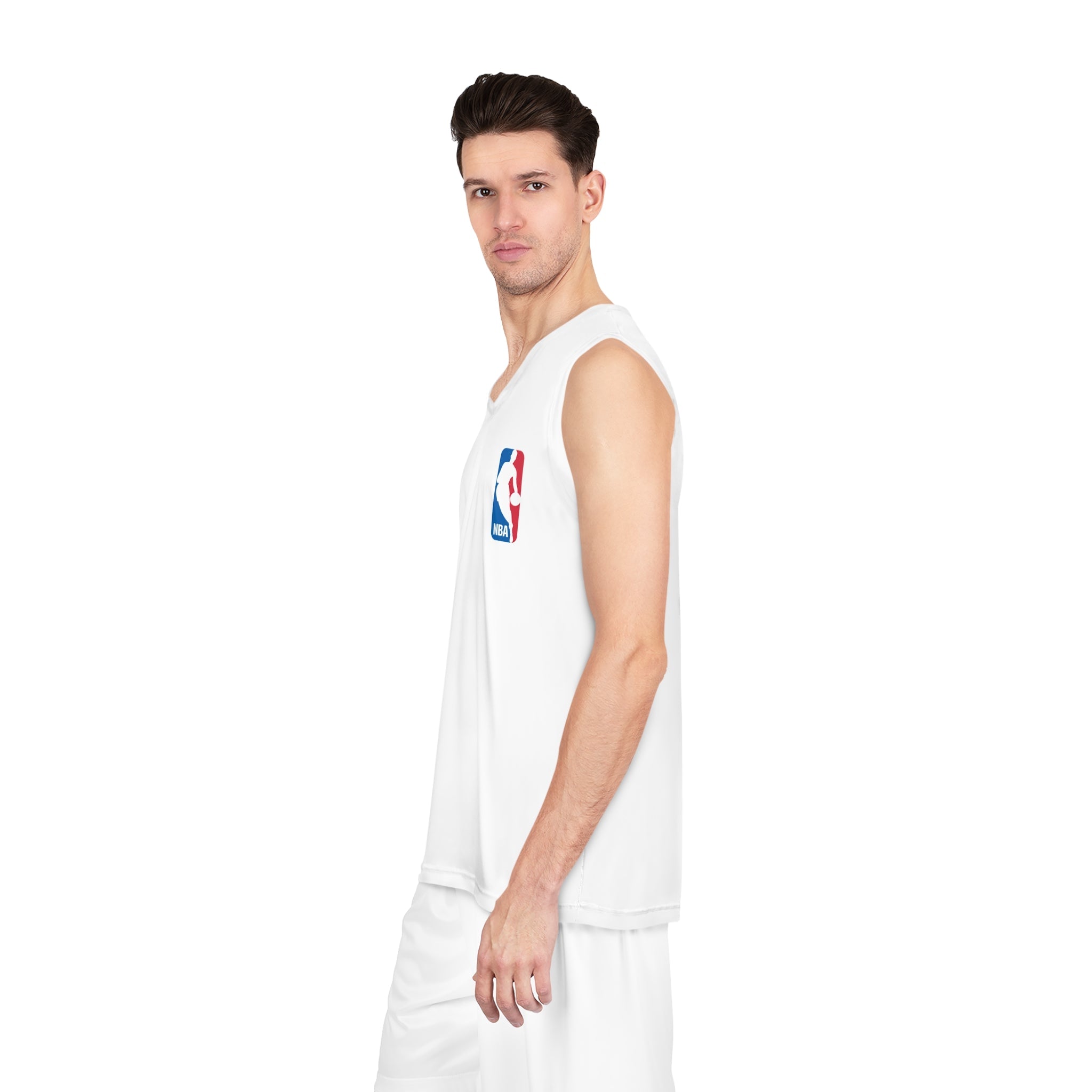 NBA Logo Basketball Jersey White Mesh Tank with American Flag Accent - Etna Gift