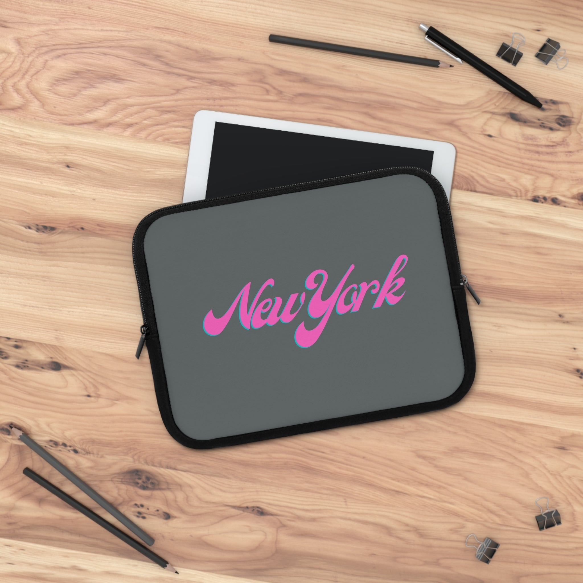New York Pink Script Laptop Sleeve Retro City Typography Sleeve - Etna Gift