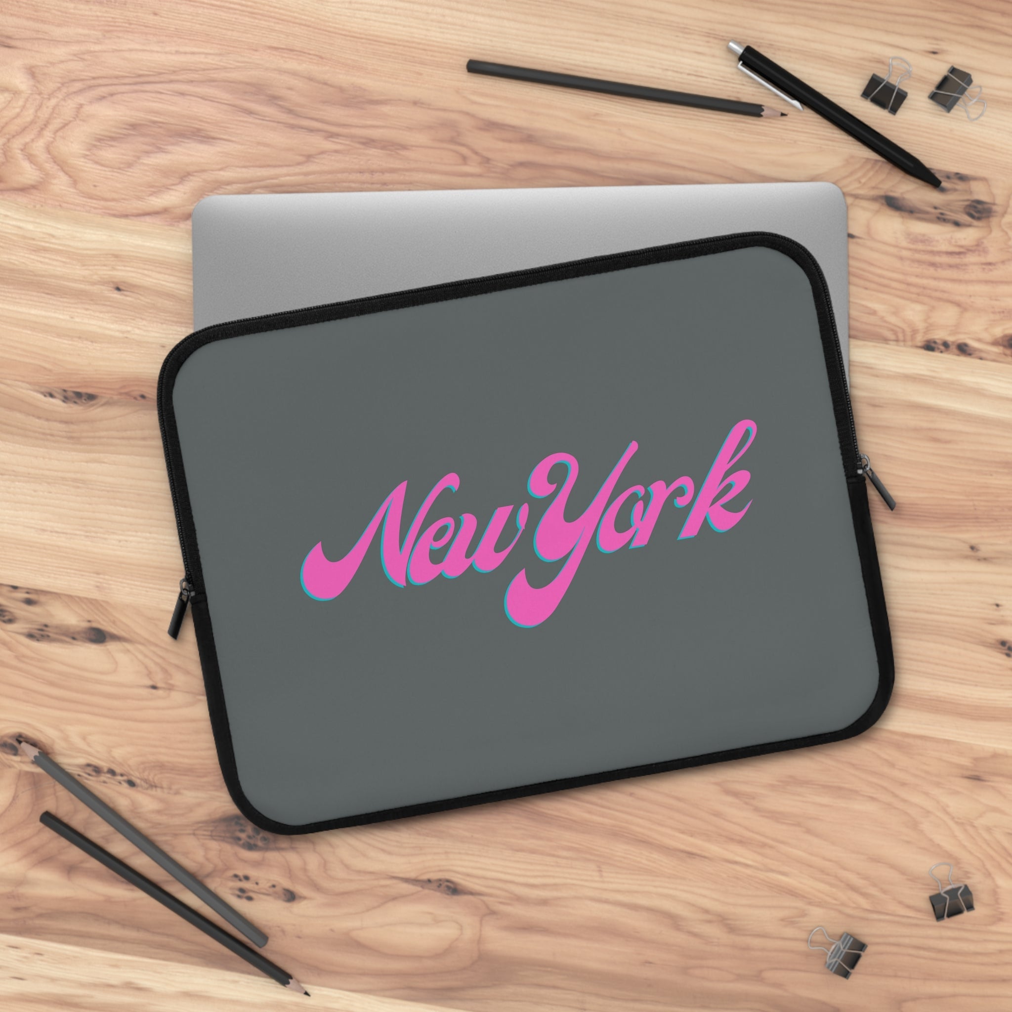 New York Pink Script Laptop Sleeve Retro City Typography Sleeve - Etna Gift