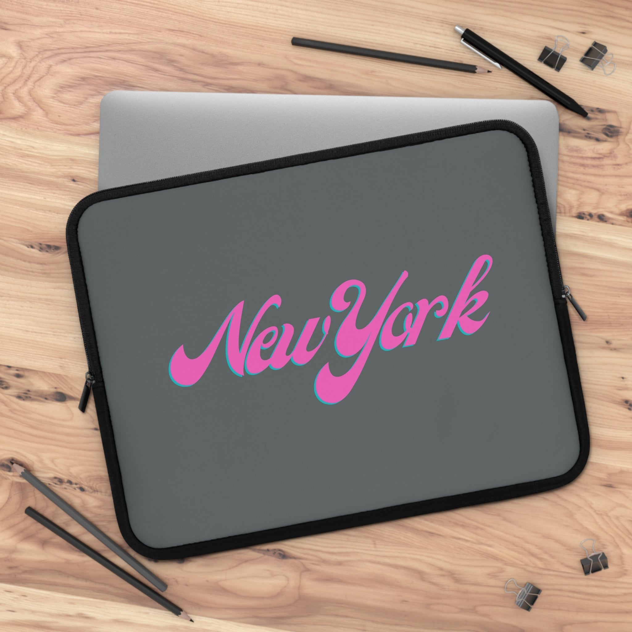 New York Pink Script Laptop Sleeve Retro City Typography Sleeve - Etna Gift