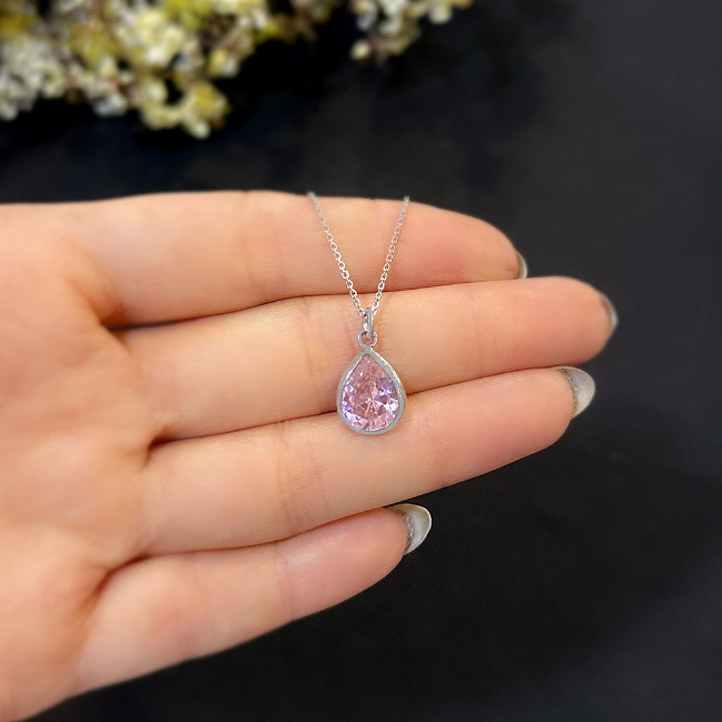 Pink drop quartz necklace 925 sterling silver pink drop necklace - Etna Gift