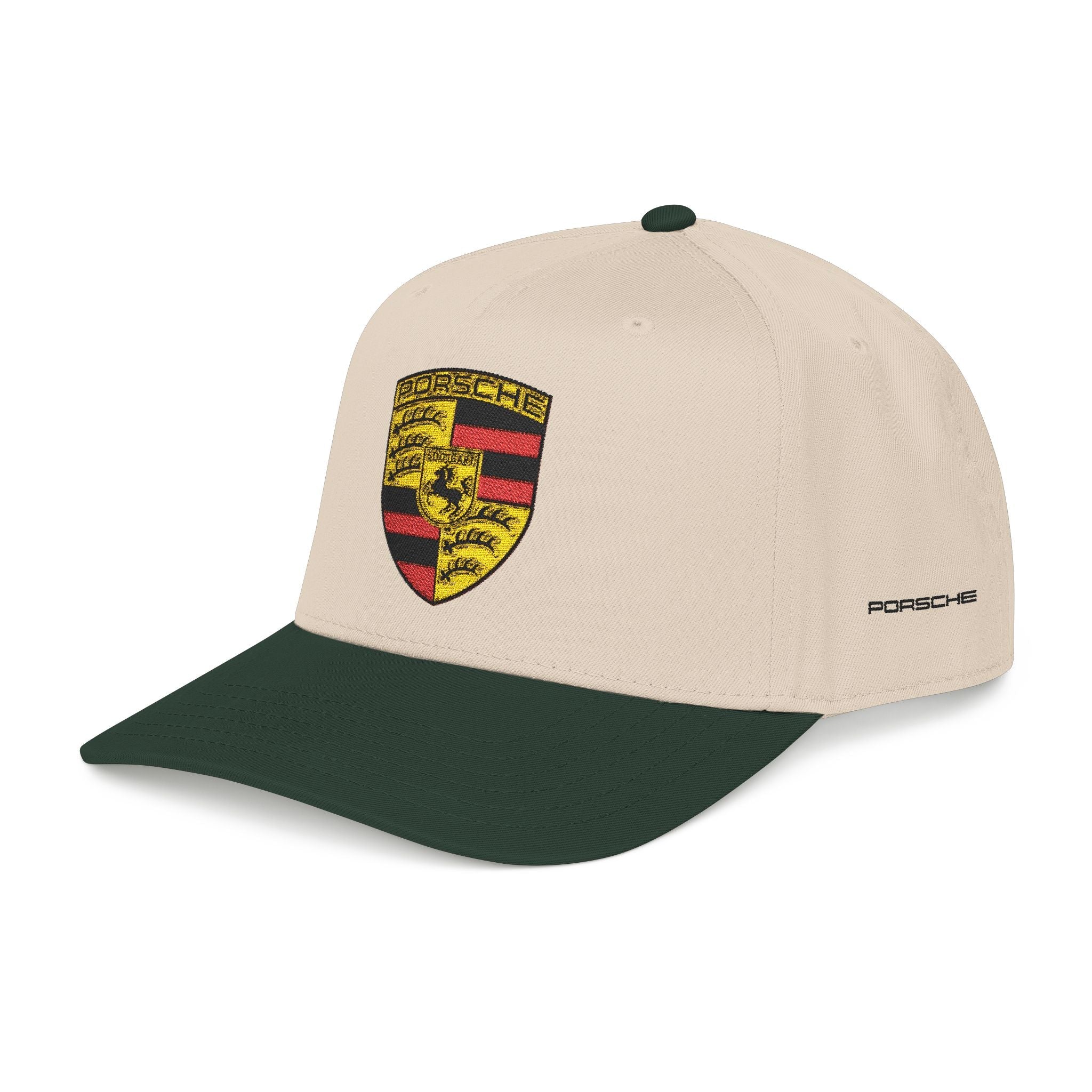 Porsche Crest Embroidered Baseball Cap — Classic Beige & Green Mid-Profile Hat - Etna Gift