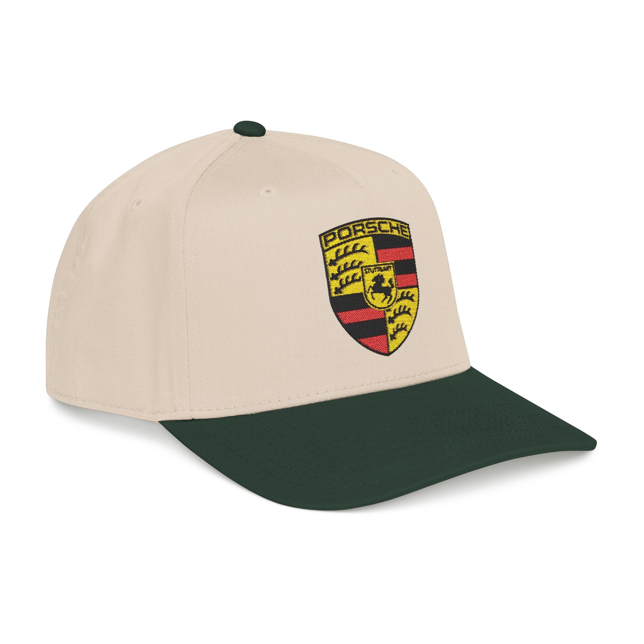 Porsche Crest Embroidered Baseball Cap — Classic Beige & Green Mid-Profile Hat - Etna Gift