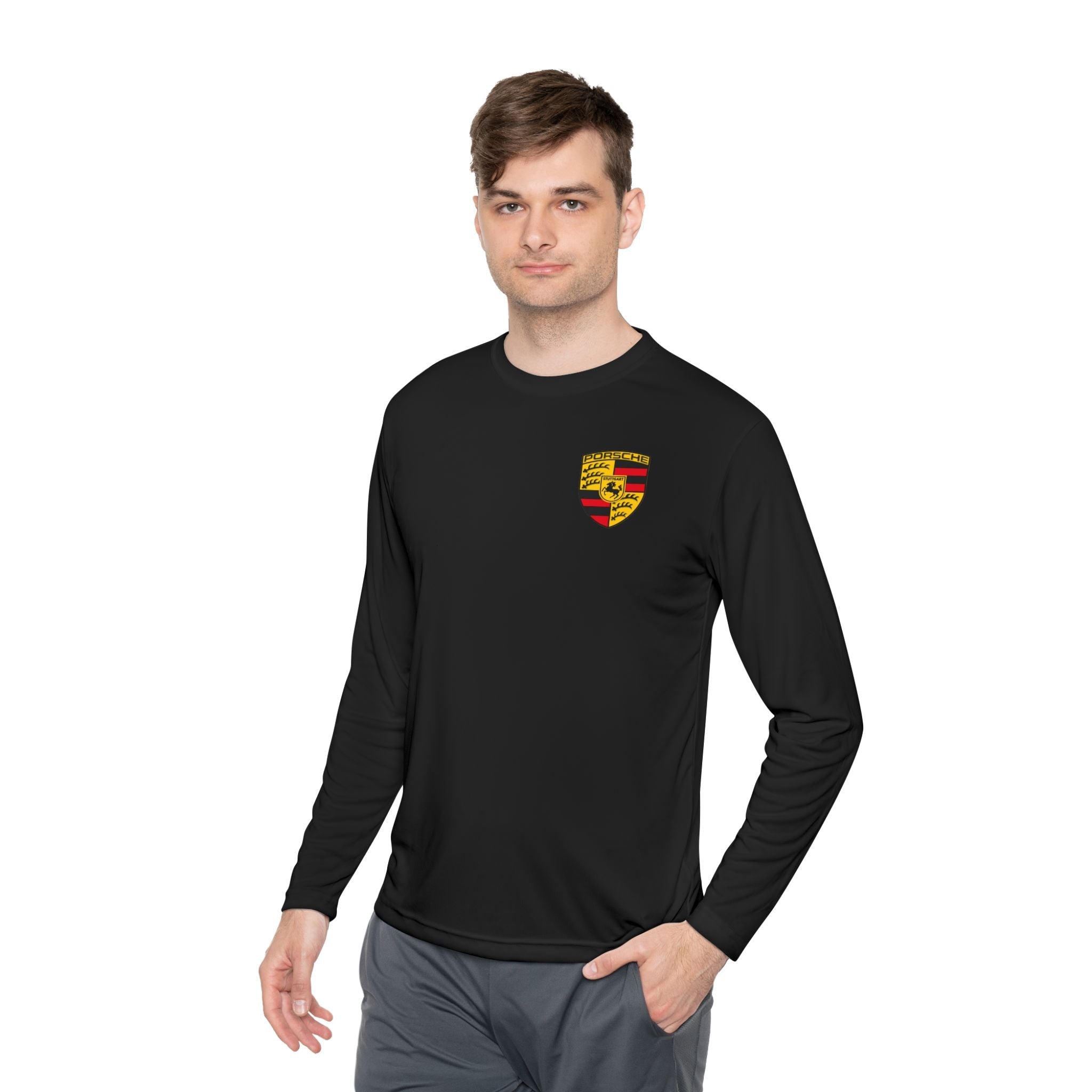 Porsche Racing Graphic Long Sleeve Tee | Sports Car Crest and Rear View Print - Etna Gift