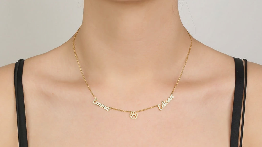 Two-name necklace with a dog paw in the center, 925 sterling silver name necklace