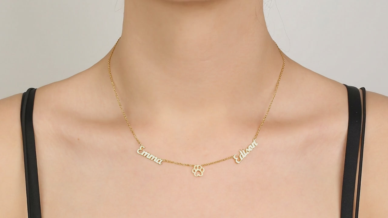 Two-name necklace with a dog paw in the center, 925 sterling silver name necklace