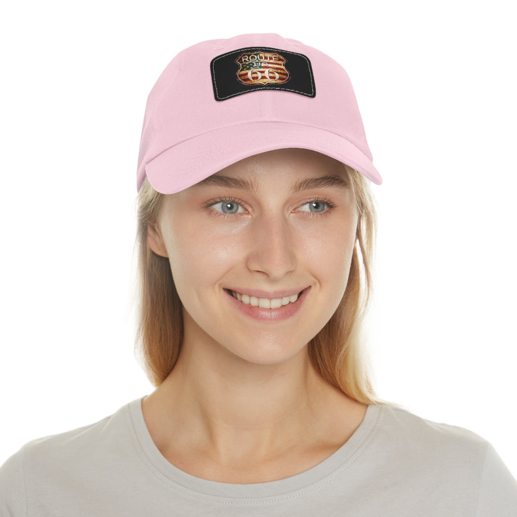 Route 66 Leather Patch Dad Hat Vintage American Road Trip Baseball Cap - Etna Gift