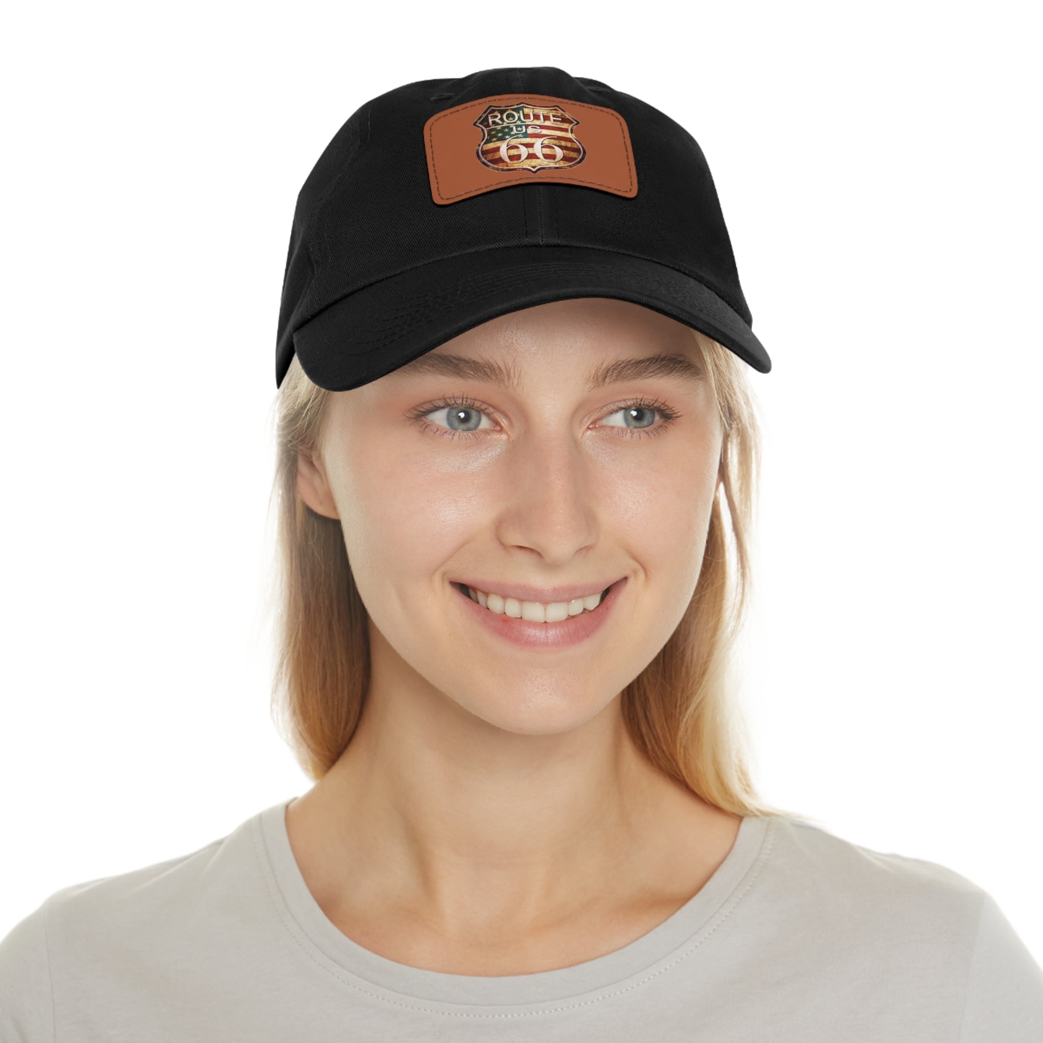 Route 66 Leather Patch Dad Hat Vintage American Road Trip Baseball Cap - Etna Gift