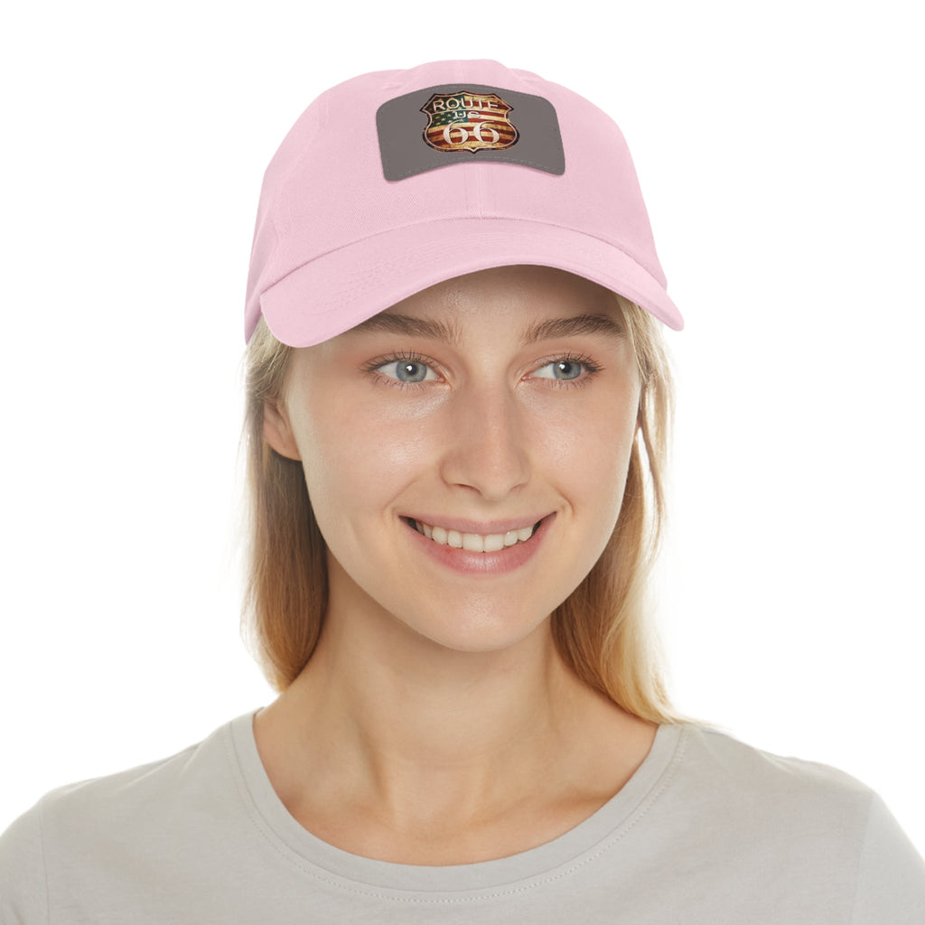 Route 66 Leather Patch Dad Hat Vintage American Road Trip Baseball Cap - Etna Gift