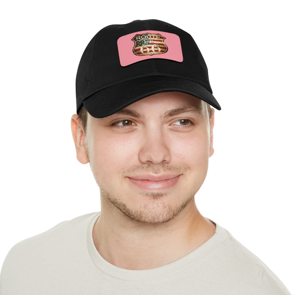 Route 66 Leather Patch Dad Hat Vintage American Road Trip Baseball Cap - Etna Gift