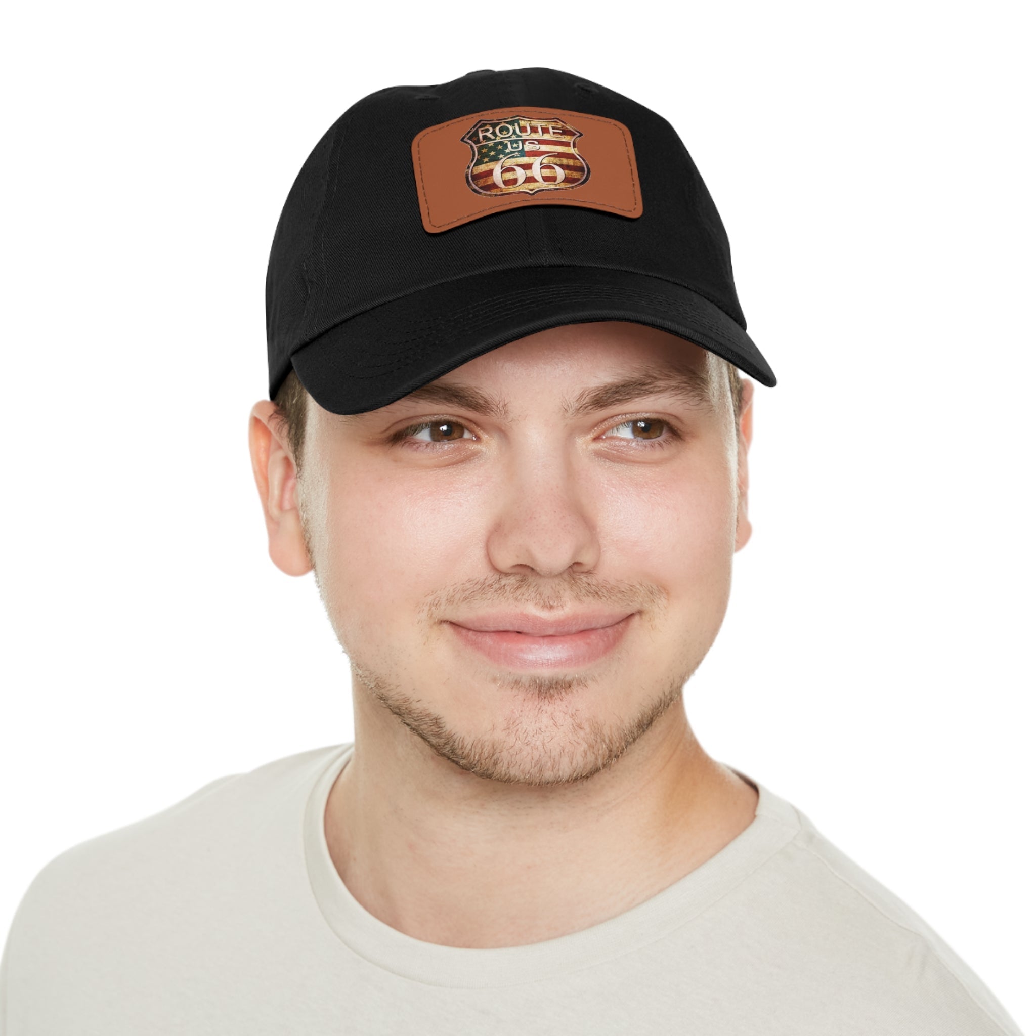 Route 66 Leather Patch Dad Hat Vintage American Road Trip Baseball Cap - Etna Gift