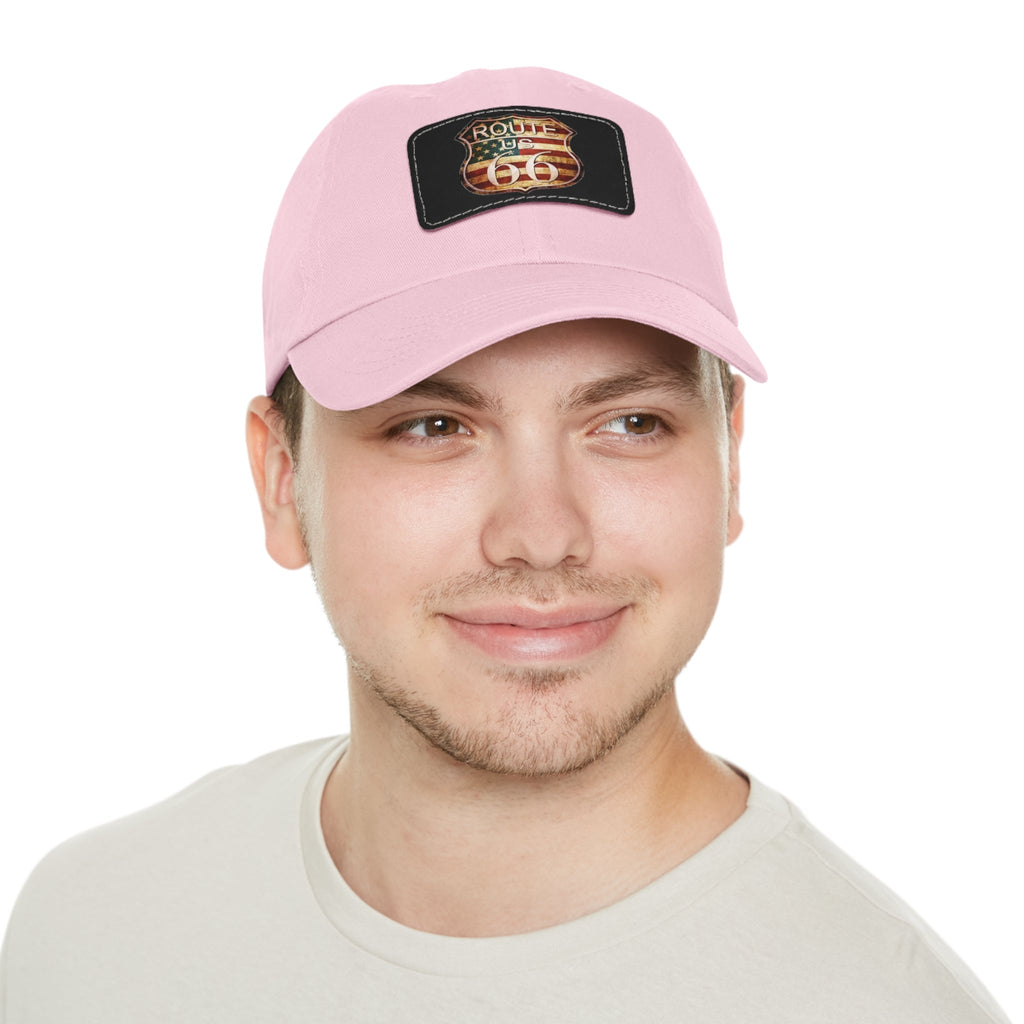 Route 66 Leather Patch Dad Hat Vintage American Road Trip Baseball Cap - Etna Gift
