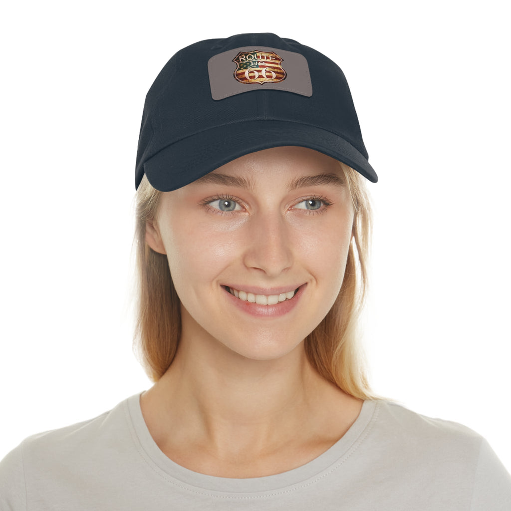 Route 66 Leather Patch Dad Hat Vintage American Road Trip Baseball Cap - Etna Gift