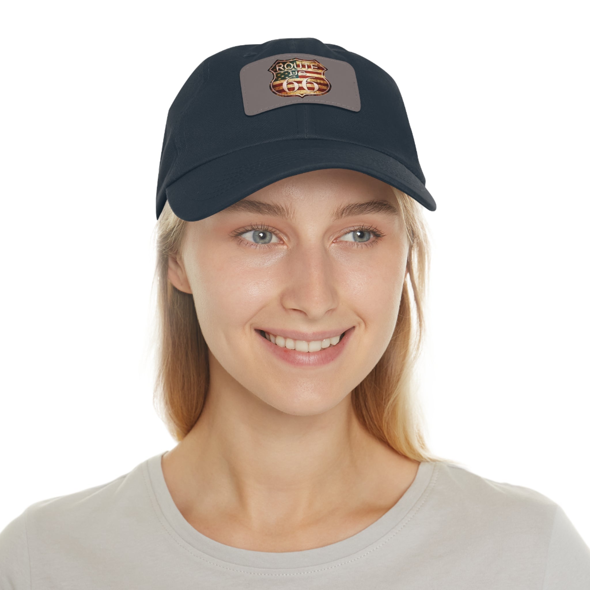 Route 66 Leather Patch Dad Hat Vintage American Road Trip Baseball Cap - Etna Gift