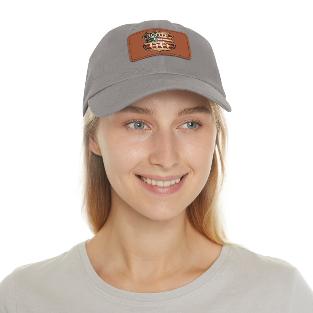 Route 66 Leather Patch Dad Hat Vintage American Road Trip Baseball Cap - Etna Gift