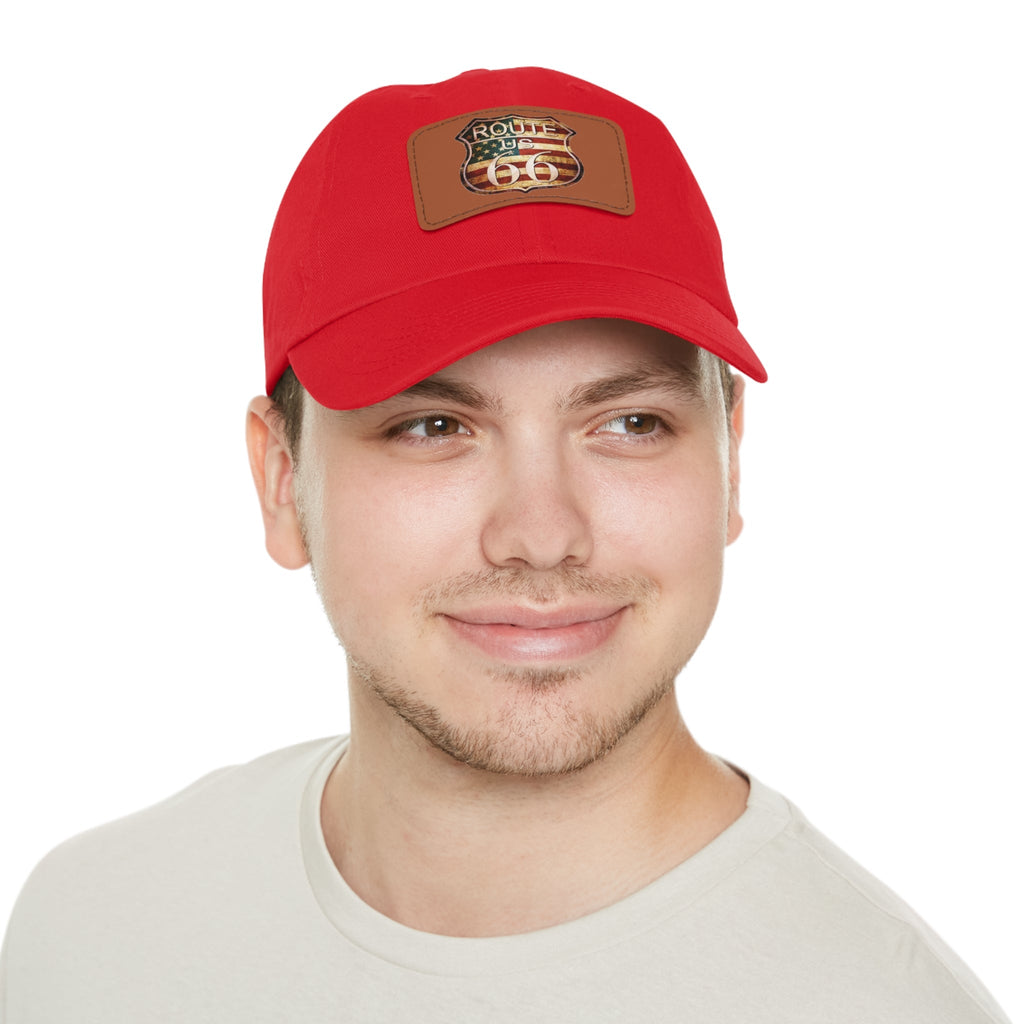 Route 66 Leather Patch Dad Hat Vintage American Road Trip Baseball Cap - Etna Gift