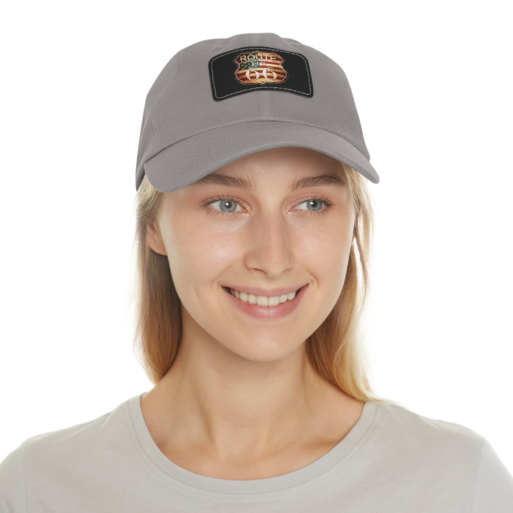 Route 66 Leather Patch Dad Hat Vintage American Road Trip Baseball Cap - Etna Gift