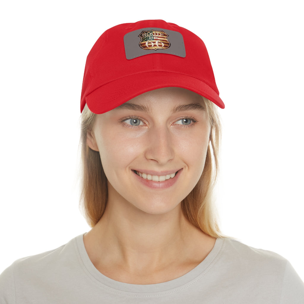 Route 66 Leather Patch Dad Hat Vintage American Road Trip Baseball Cap - Etna Gift