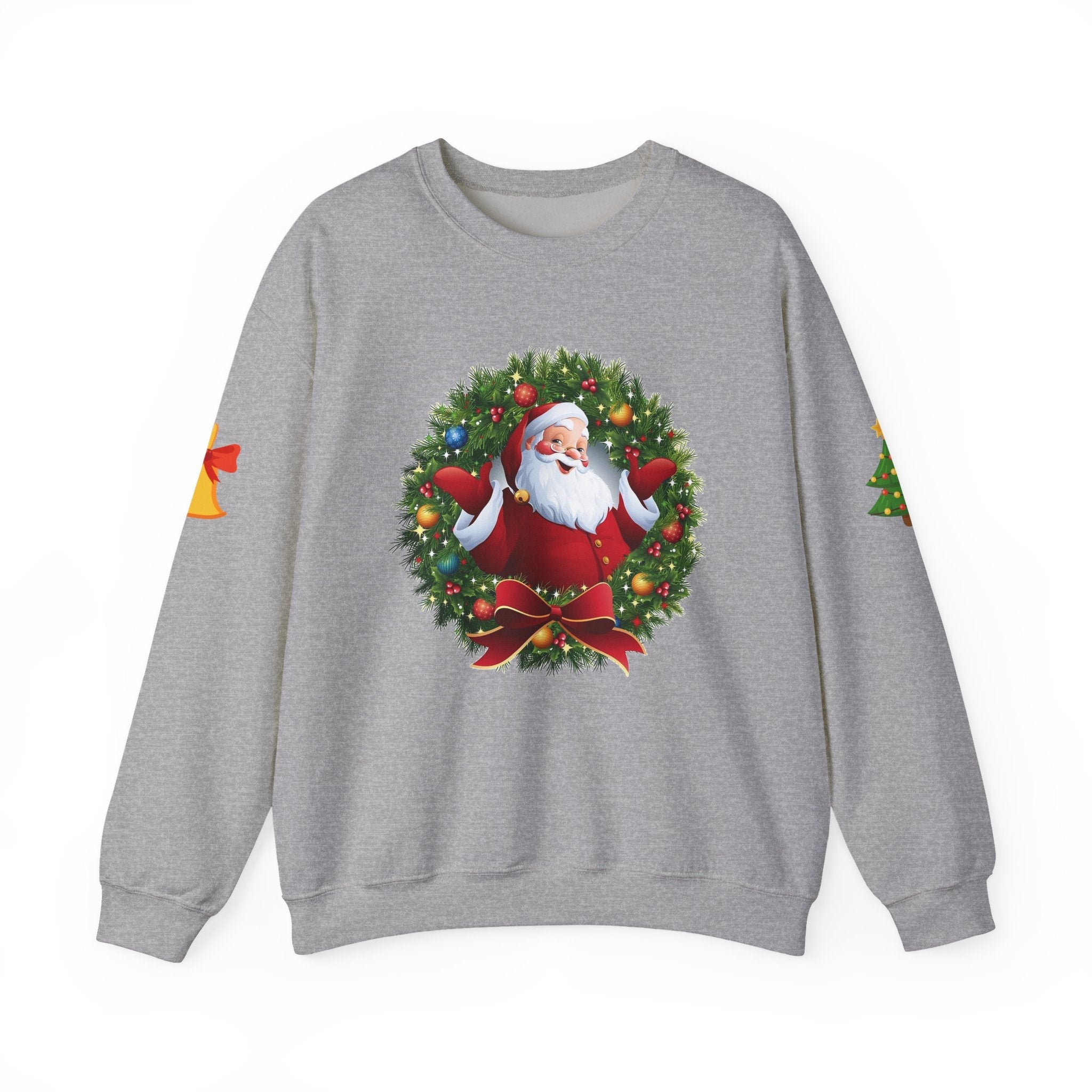 Santa in Wreath Crewneck Sweatshirt | Christmas Tree Sleeve Accents - Etna Gift