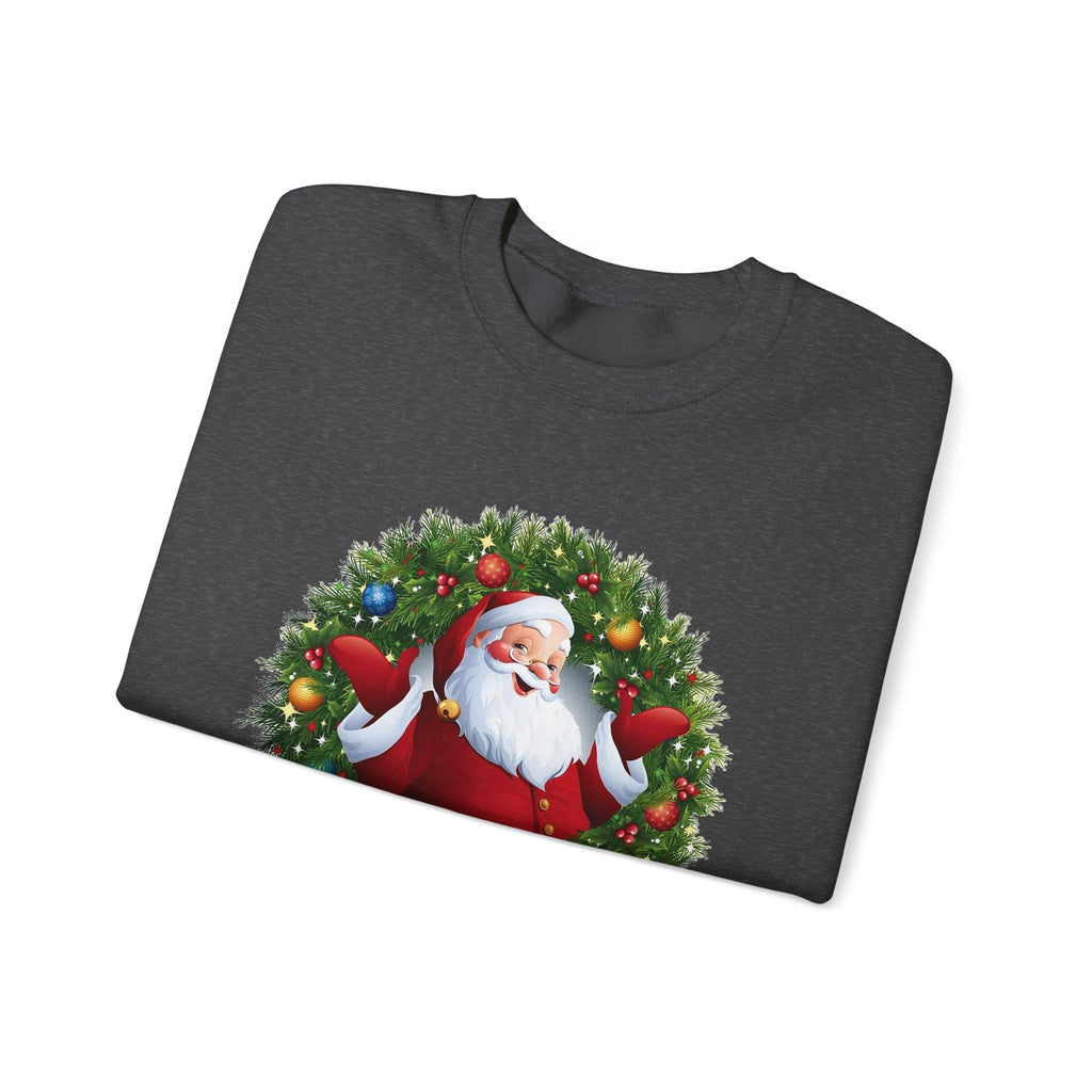 Santa in Wreath Crewneck Sweatshirt | Christmas Tree Sleeve Accents - Etna Gift
