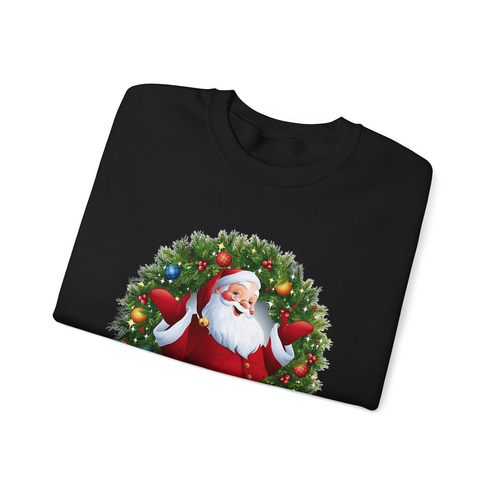 Santa in Wreath Crewneck Sweatshirt | Christmas Tree Sleeve Accents - Etna Gift