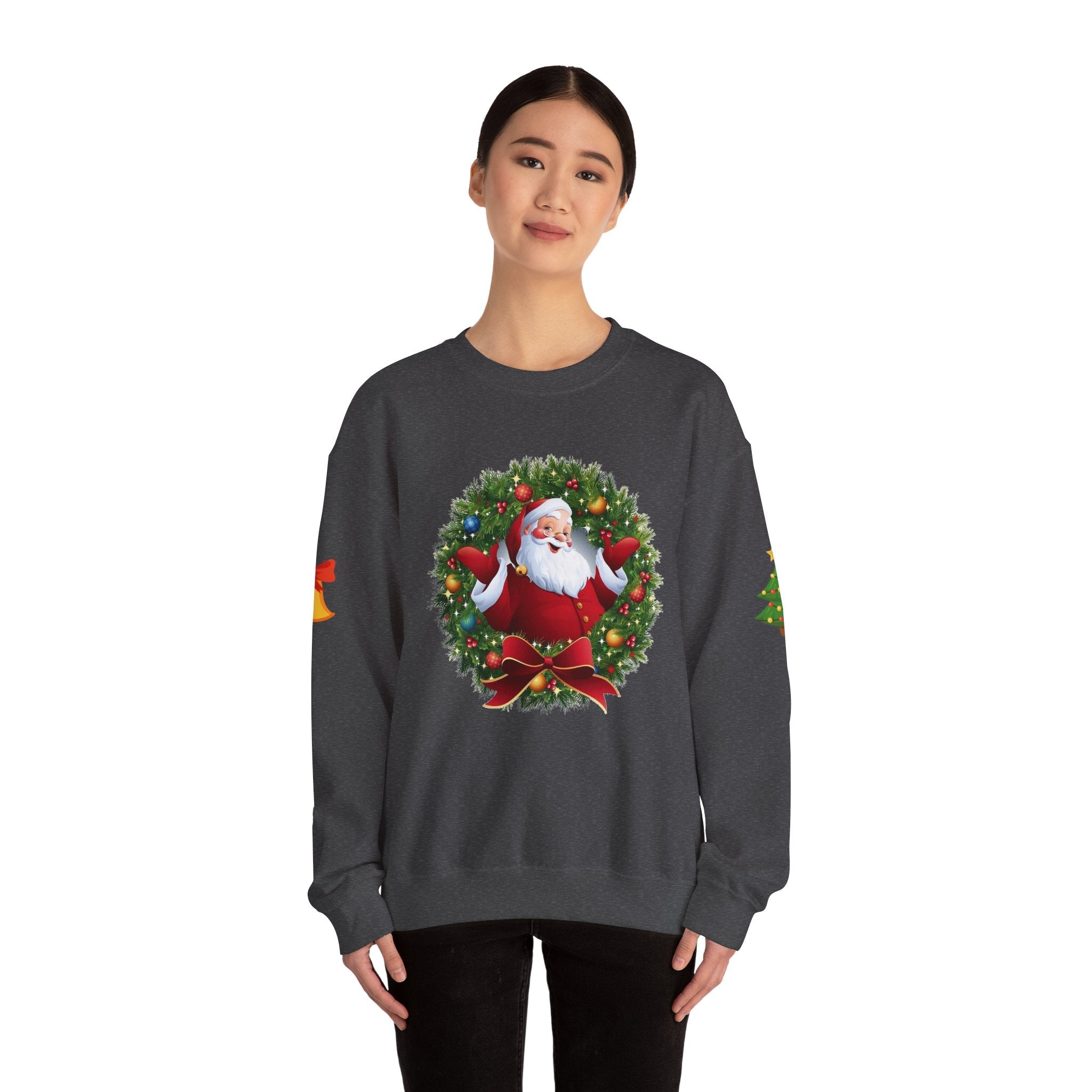 Santa in Wreath Crewneck Sweatshirt Christmas Tree Sleeve Accents - Etna Gift