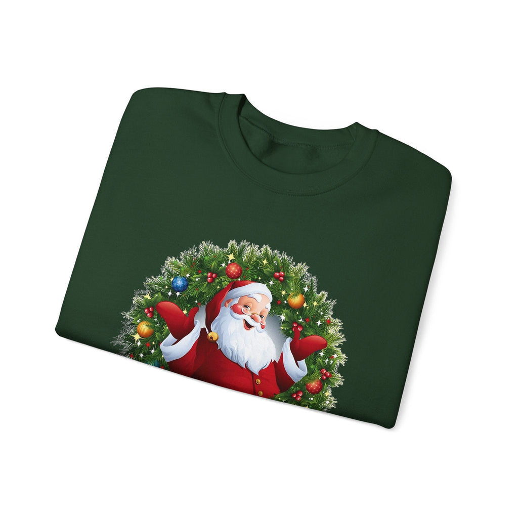 Santa in Wreath Crewneck Sweatshirt | Christmas Tree Sleeve Accents - Etna Gift