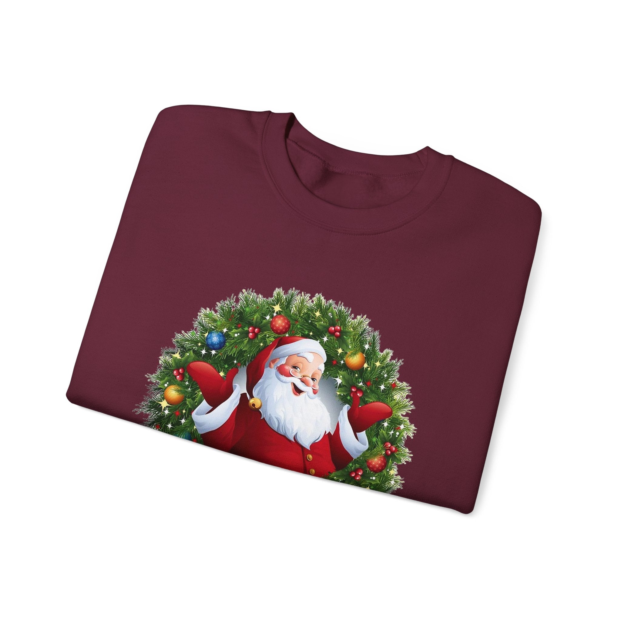 Santa in Wreath Crewneck Sweatshirt Christmas Tree Sleeve Accents - Etna Gift