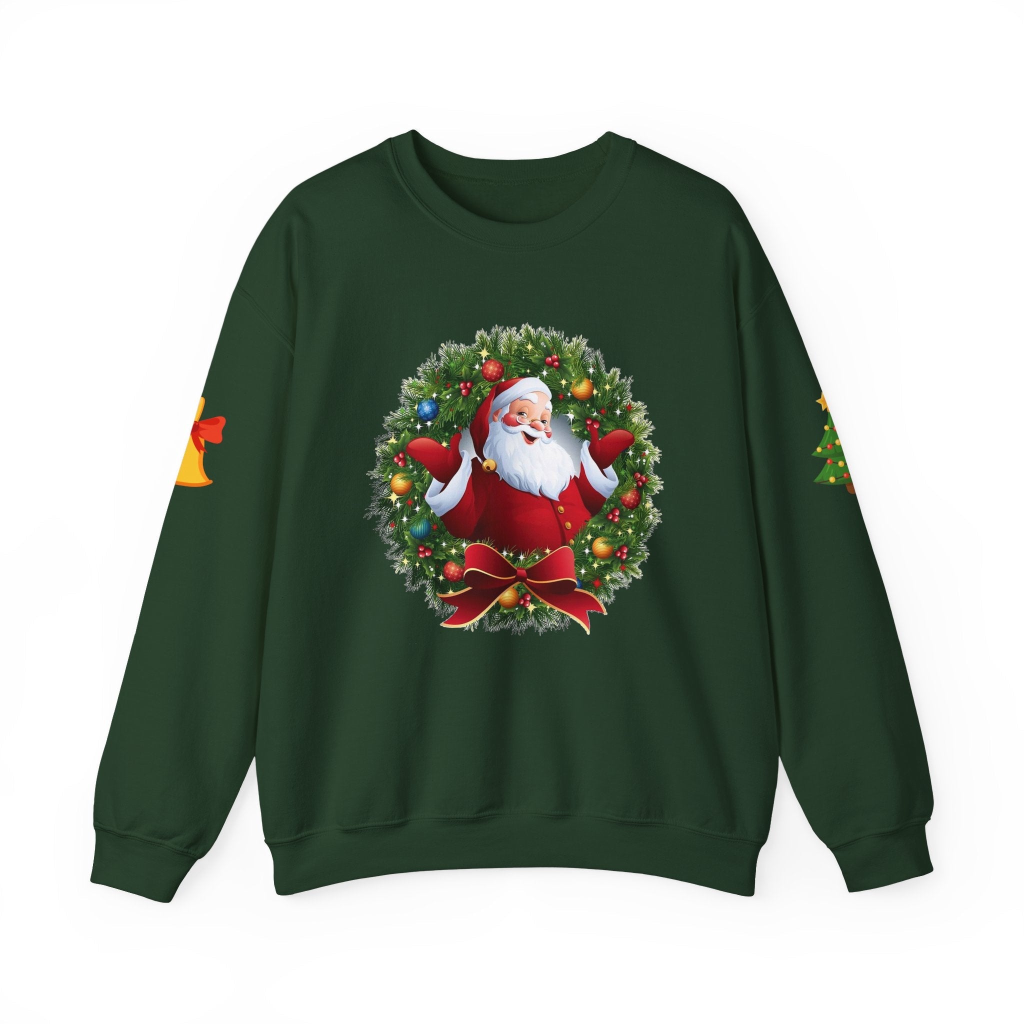 Santa in Wreath Crewneck Sweatshirt Christmas Tree Sleeve Accents - Etna Gift