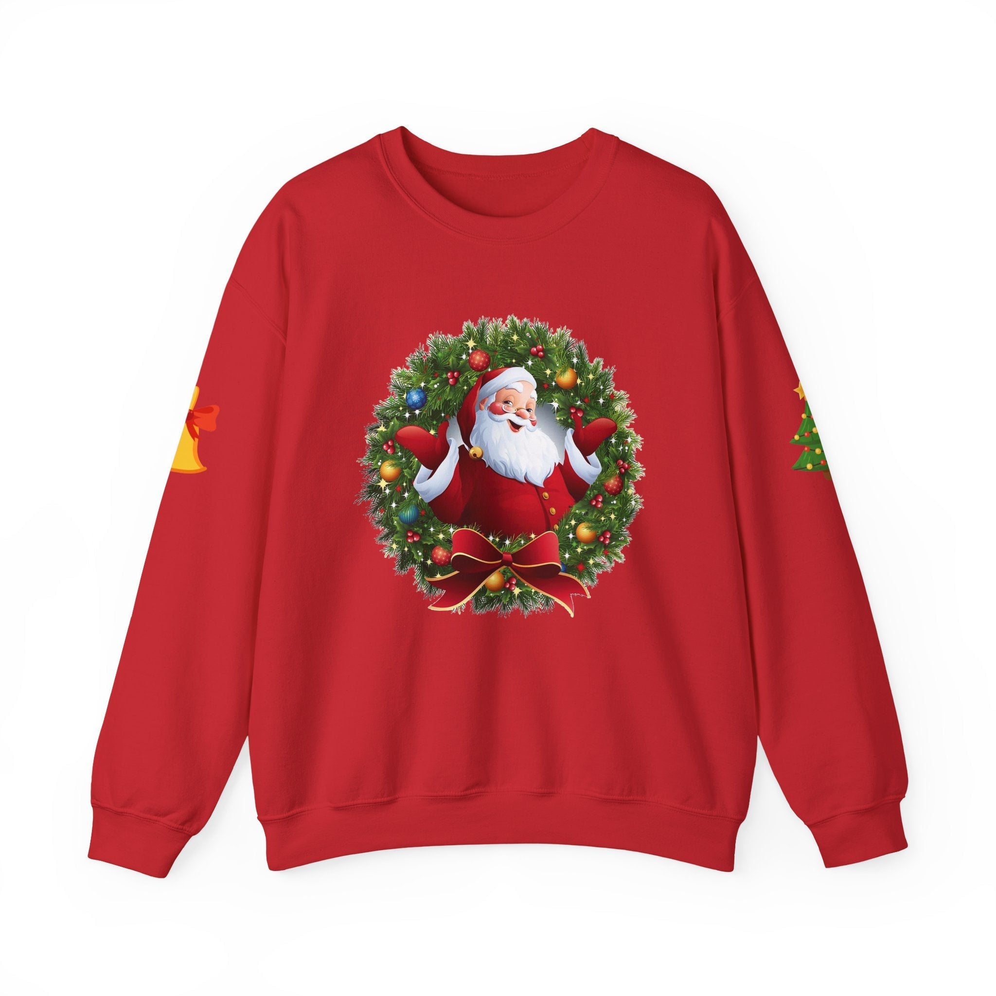 Santa in Wreath Crewneck Sweatshirt | Christmas Tree Sleeve Accents - Etna Gift
