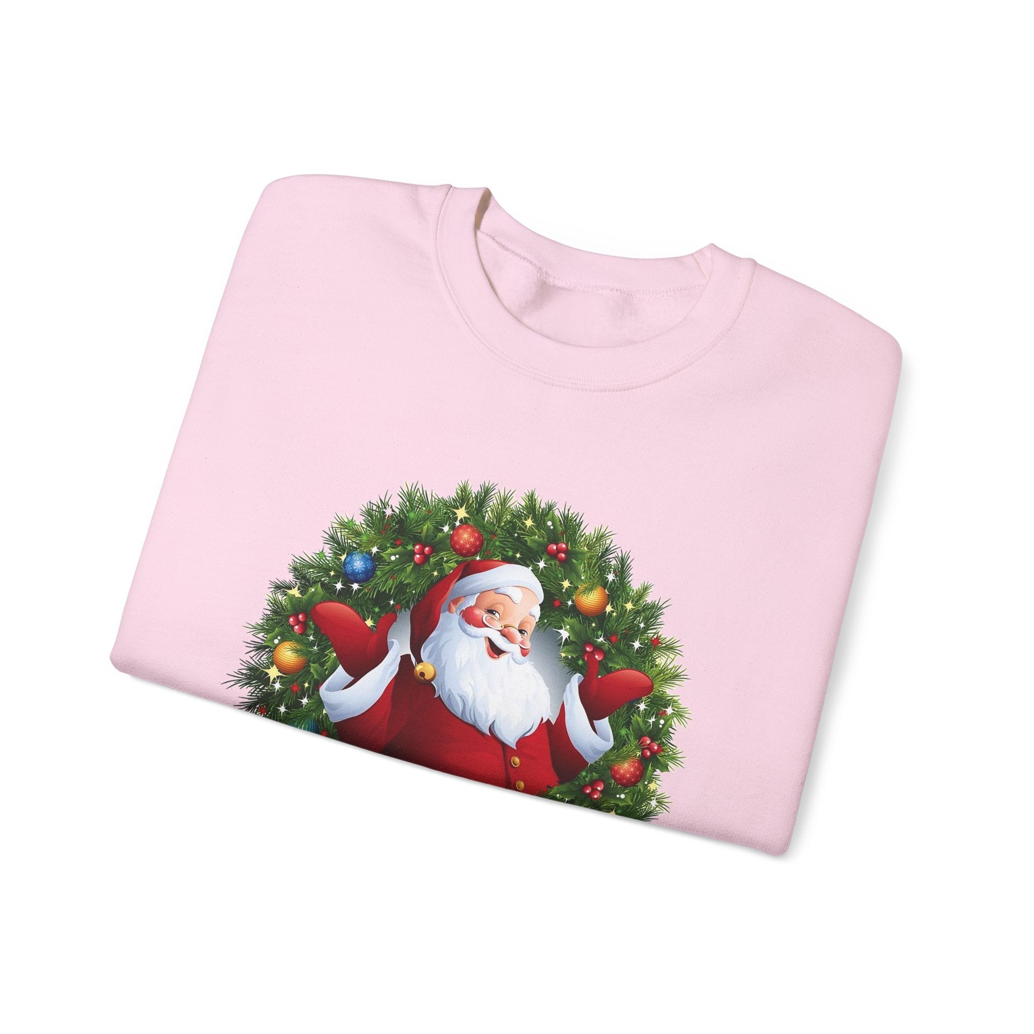 Santa in Wreath Crewneck Sweatshirt | Christmas Tree Sleeve Accents - Etna Gift