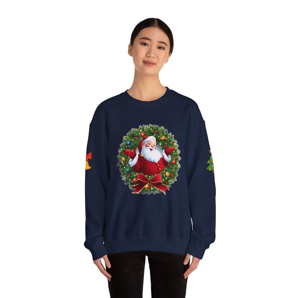 Santa in Wreath Crewneck Sweatshirt Christmas Tree Sleeve Accents - Etna Gift